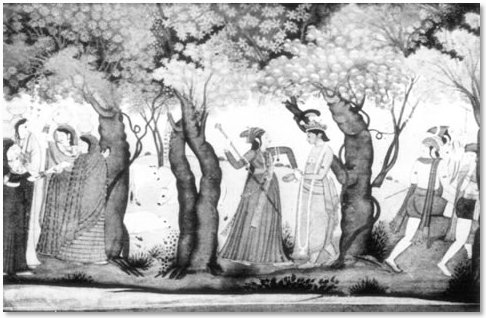 Radha disguised as a Constable arresting Krishna as a Thief - Indian Art Depicting the Loves of Krishna