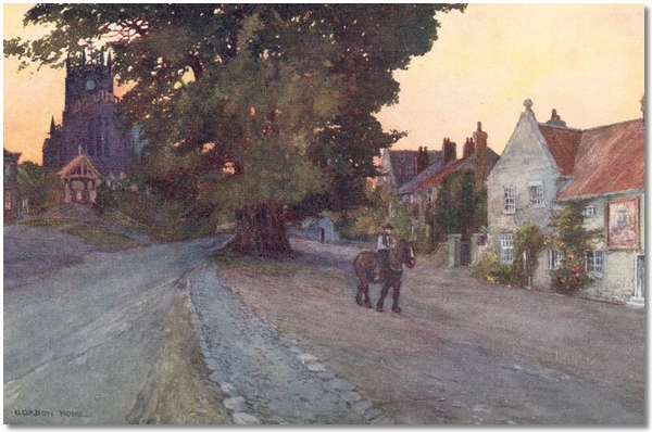 horses pulling freight down a village street [#image.long_description#]